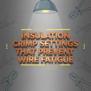 brushed gunmetal vector background with horizontal texture and soft center light. Add bold 3D metallic COPPER text in all caps, centered, reading: "INSULATION CRIMP SETTINGS THAT PREVENT WIRE FATIGUE”
