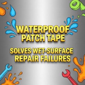 brushed aluminum vector background with horizontal texture and soft center light. Add bold 3D metallic Bright Yellow text in all caps, centered, reading: "Waterproof Patch Tape Solves Wet-Surface Repair Failures"