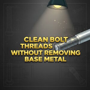 brushed dark gunmetal vector background with horizontal texture and soft center light. Add bold 3D metallic yellow text in all caps, centered, reading: "CLEAN BOLT THREADS WITHOUT REMOVING BASE METAL”