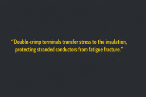 Minimalist vector graphic with gunmetal background and bright Yellow text reading “Double-crimp terminals transfer stress to the insulation, protecting stranded conductors from fatigue fracture.”