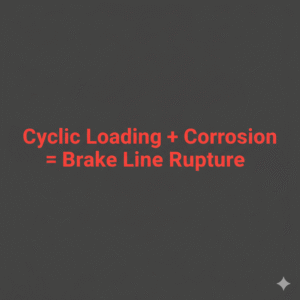  Minimalist vector graphic with gunmetal background and bright blue text reading “Cyclic Loading + Corrosion = Brake Line Rupture.” 