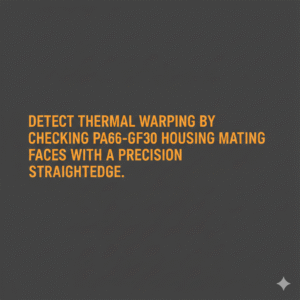  Minimalist vector graphic with gunmetal background and bright blue text reading “Detect thermal warping by checking PA66-GF30 housing mating faces with a precision straightedge. .” 