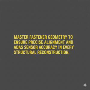Minimalist vector graphic with gunmetal background and bright blue text reading “Master fastener geometry to ensure precise alignment and ADAS sensor accuracy in every structural reconstruction.”