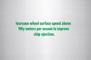 Minimalist vector graphic with polished aluminum background and bright metallic green text reading “Increase wheel surface speed above fifty meters per second to improve chip ejection.” 