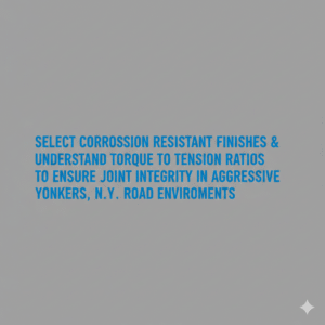 Minimalist vector graphic with gunmetal background and bright blue text reading “Select corrosion resistant finishes & understand torque to tension ratios to ensure joint integrity in aggressive Yonkers, N.Y. road environments.” 