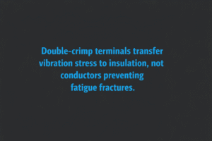 Minimalist vector graphic with gunmetal background and bright Blue text reading “Double-crimp terminals transfer vibration stress to insulation, not conductors preventing fatigue fractures.”