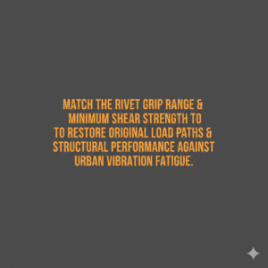 Minimalist vector graphic with gunmetal background and bright blue text reading “Match the rivet grip range & minimum shear strength to restore original load paths & structural performance against urban vibration fatigue.” 