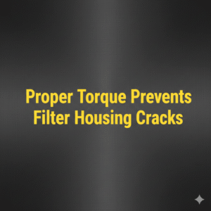 Minimalist vector graphic with gunmetal background and bright blue text reading "Proper Torque Prevents Filter Housing Cracks"