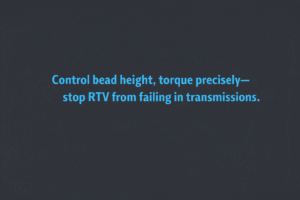 Minimalist vector graphic with gunmetal background and bright blue text reading  “Control bead height, torque precisely—stop RTV from failing in transmissions.”
