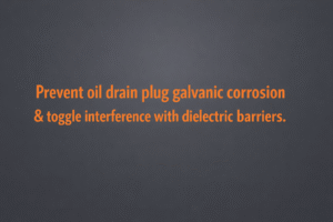 Minimalist vector graphic with gunmetal background and bright orange text reading “Prevent oil drain plug galvanic corrosion & toggle interference with dielectric barriers.”