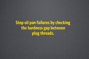 Minimalist vector graphic with gunmetal background and bright yellow text reading “Stop oil pan failures by checking the hardness gap between plug threads.”
