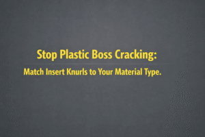 Minimalist vector graphic with gunmetal background and bright yellow text reading “Stop Plastic Boss Cracking: Match Insert Knurls to Your Material Type.” 